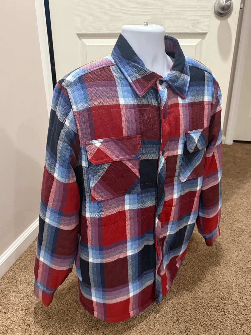 George Plaid Sherpa Lined Jacket Shirt Red/Blue/White Mens Large 42-44 (Shacket)